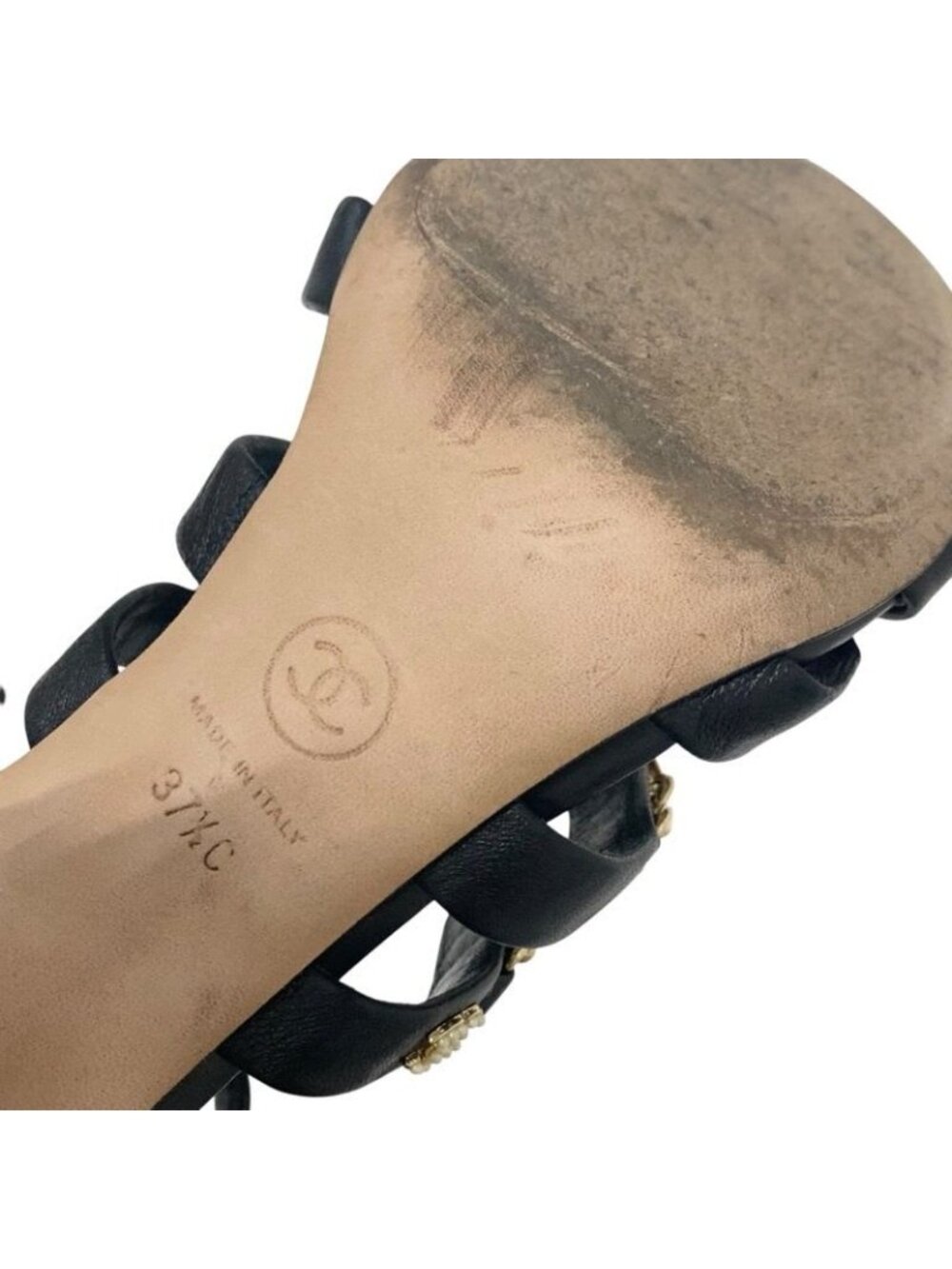 ★SOLD★ Chanel Sandals Shoes Leather Black Gold Coco Mark Chain Strap - Picture 8 of 9